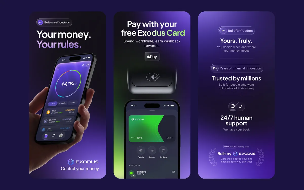 Exodus wallet balance and card screens