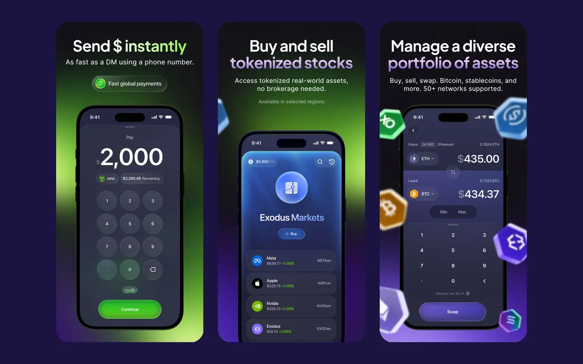 Exodus wallet send, markets and swap screens