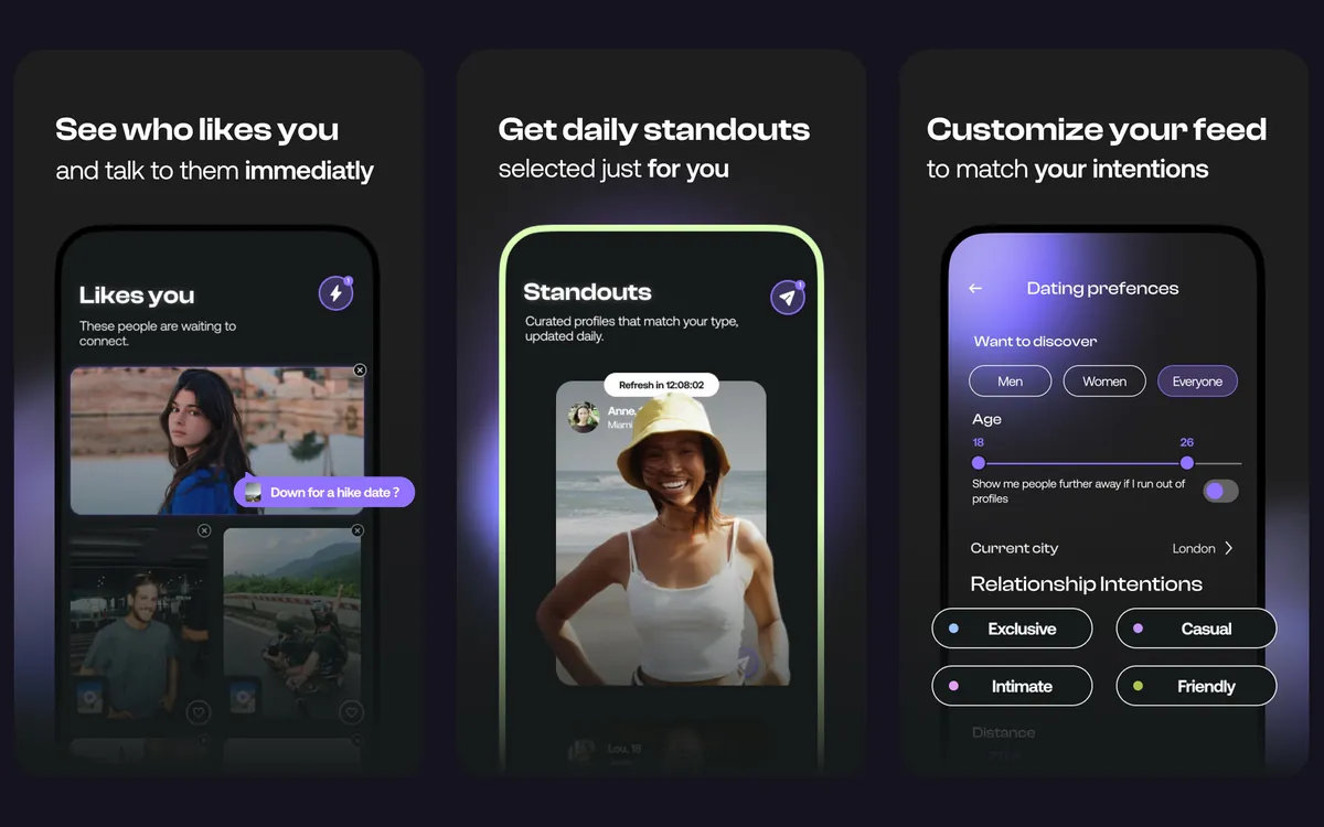 Feels dating app feed and preference screens
